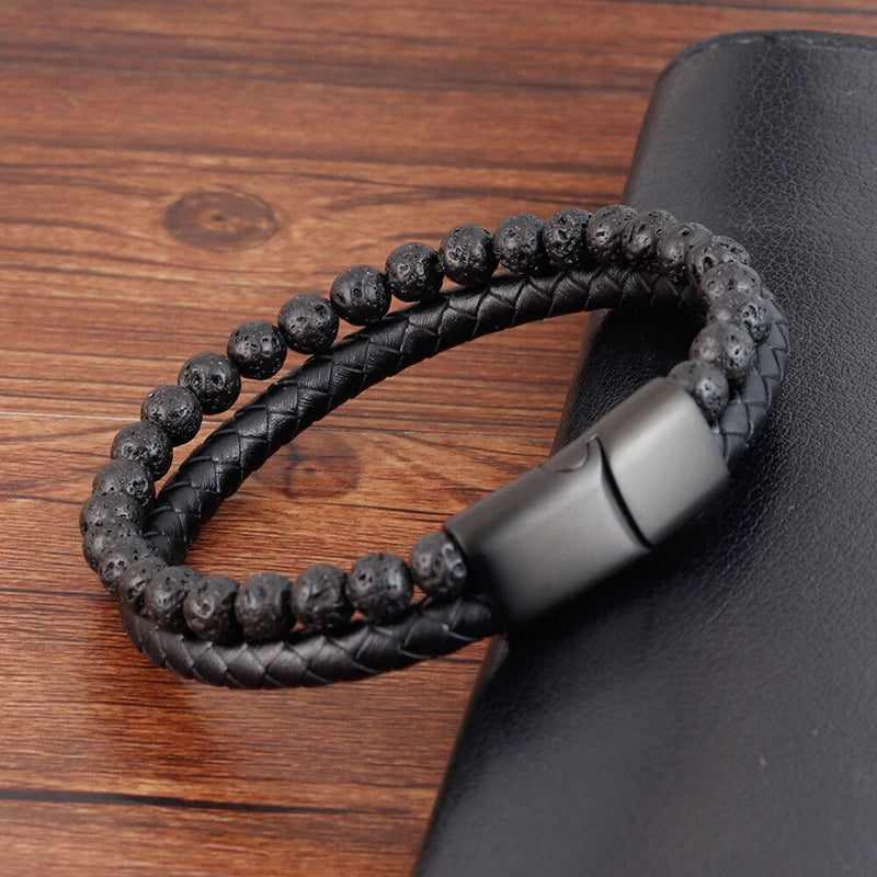 Pulseira Masculina De Couro E Pedras Naturais Com Fecho Magnético