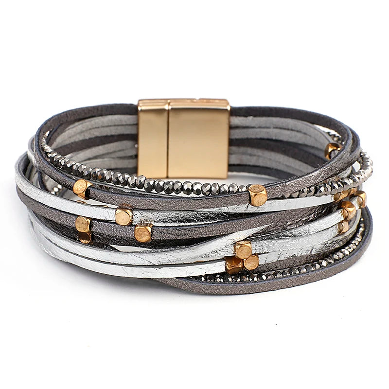 Pulseira Feminina Glamour Flow – Charme e Sofisticação com Couro e Metal