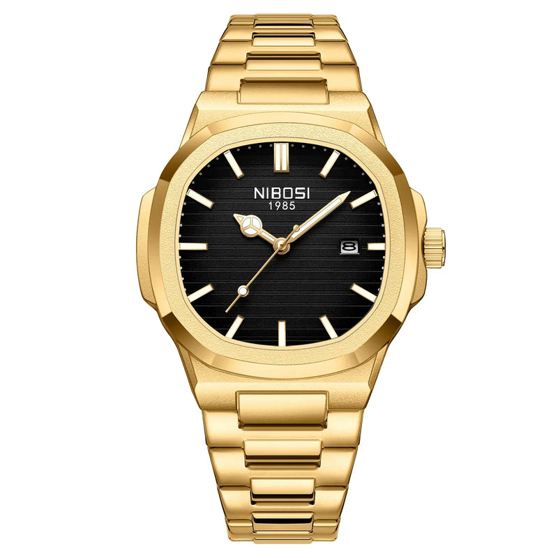 Relógio NIBOSI Business Elite – Design Quadrado Sofisticado, Movimento Quartz, Resistência à Água, Iluminação Noturna e Pulseira de Aço Inoxidável