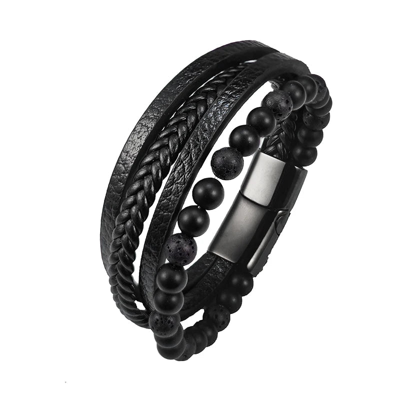 Pulseira Masculina MagmaForce – Inspiração Natural com Couro e Pedra de Lava